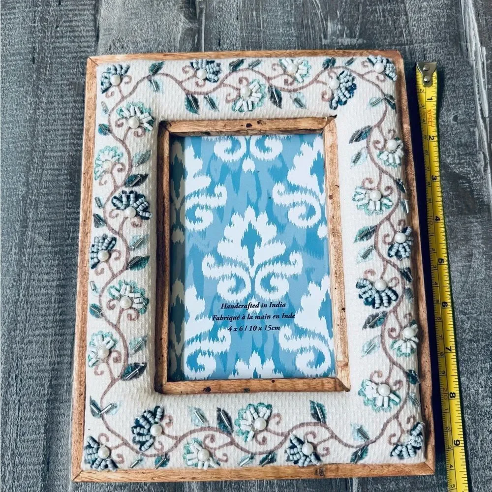Blue Floral Beaded Wood Fabric Picture Frame